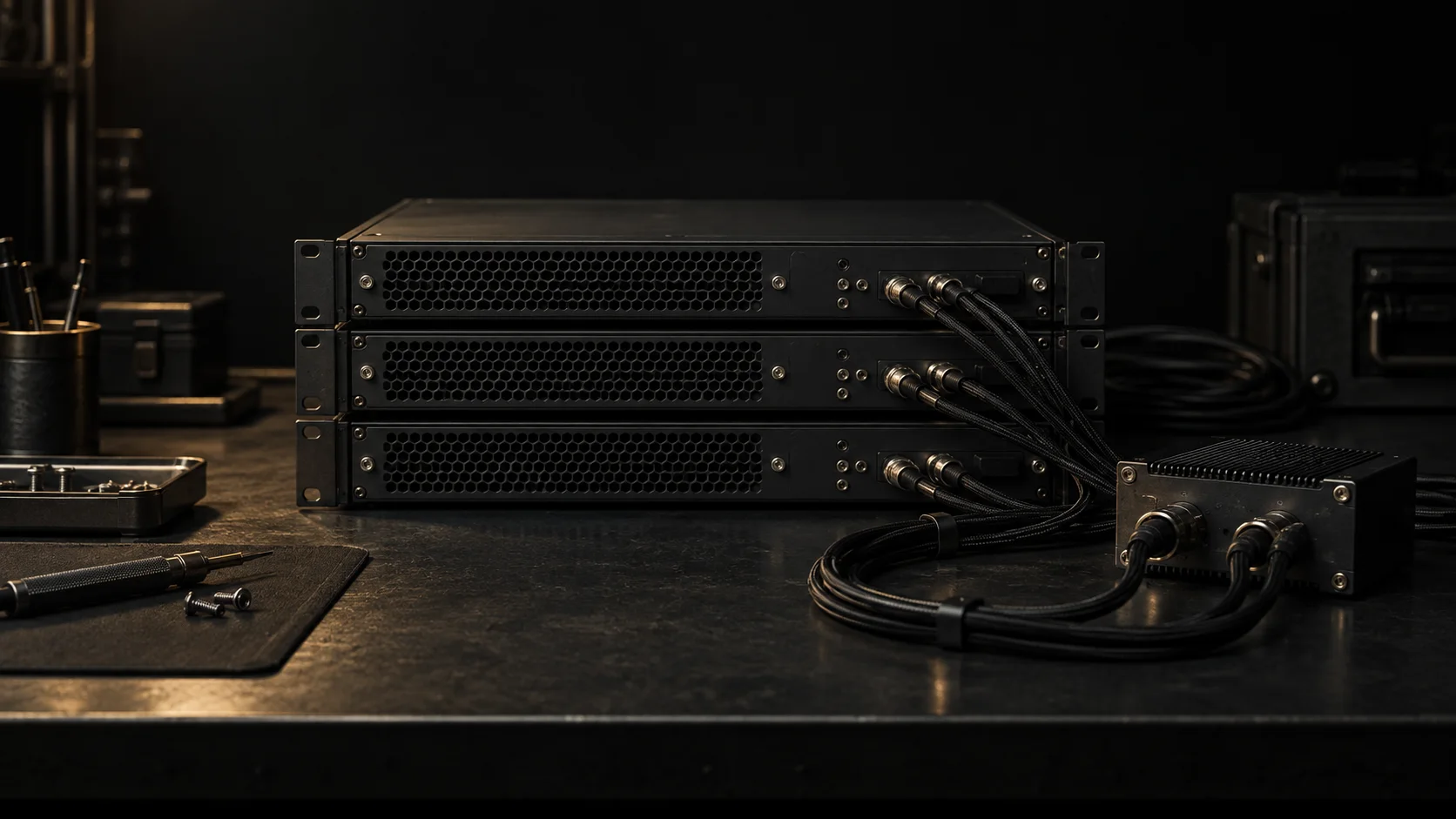 Three compact computing units connected to a small diagnostic instrument.