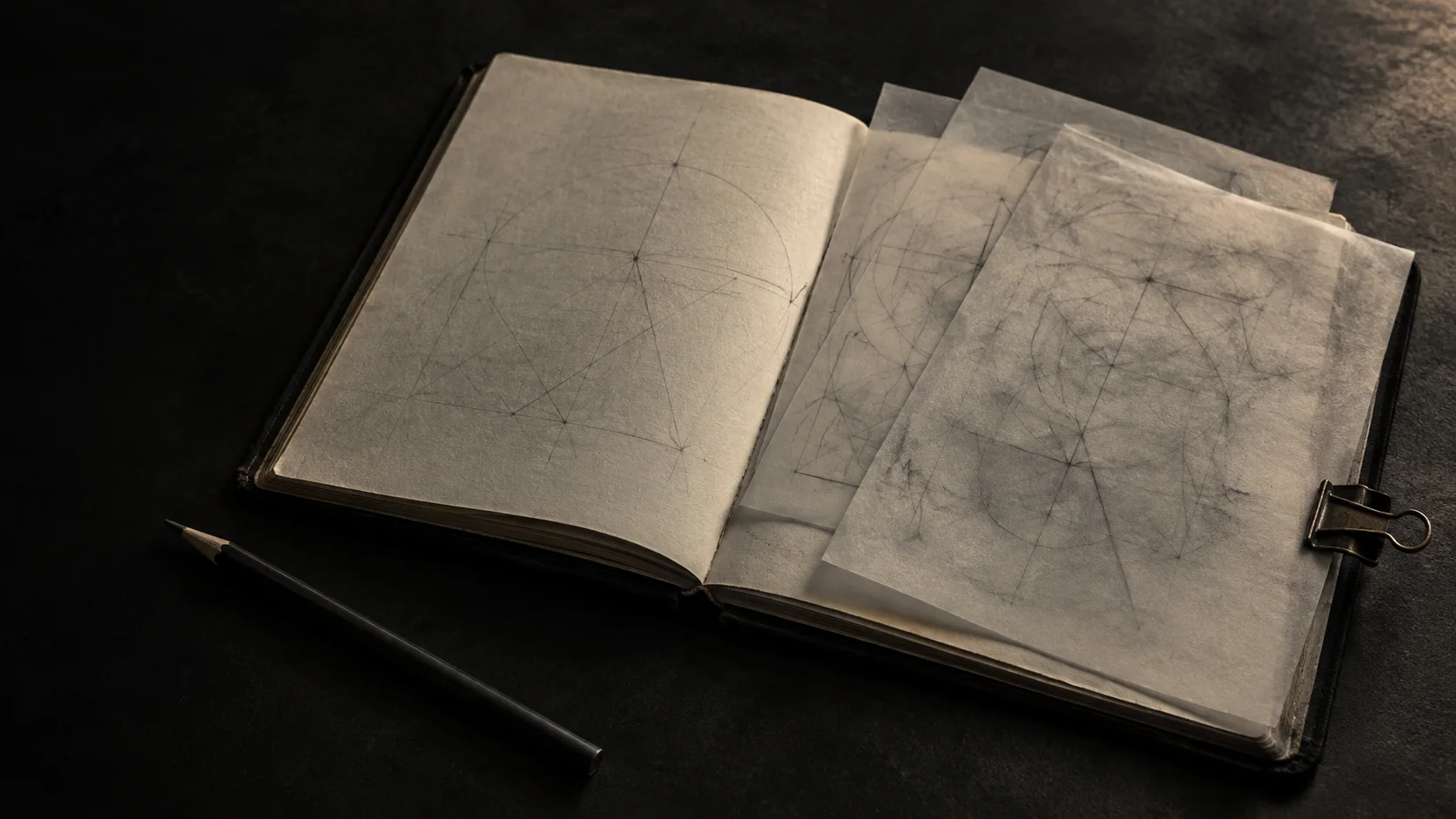 An open notebook with overlapping translucent sheets showing successive geometric revisions.