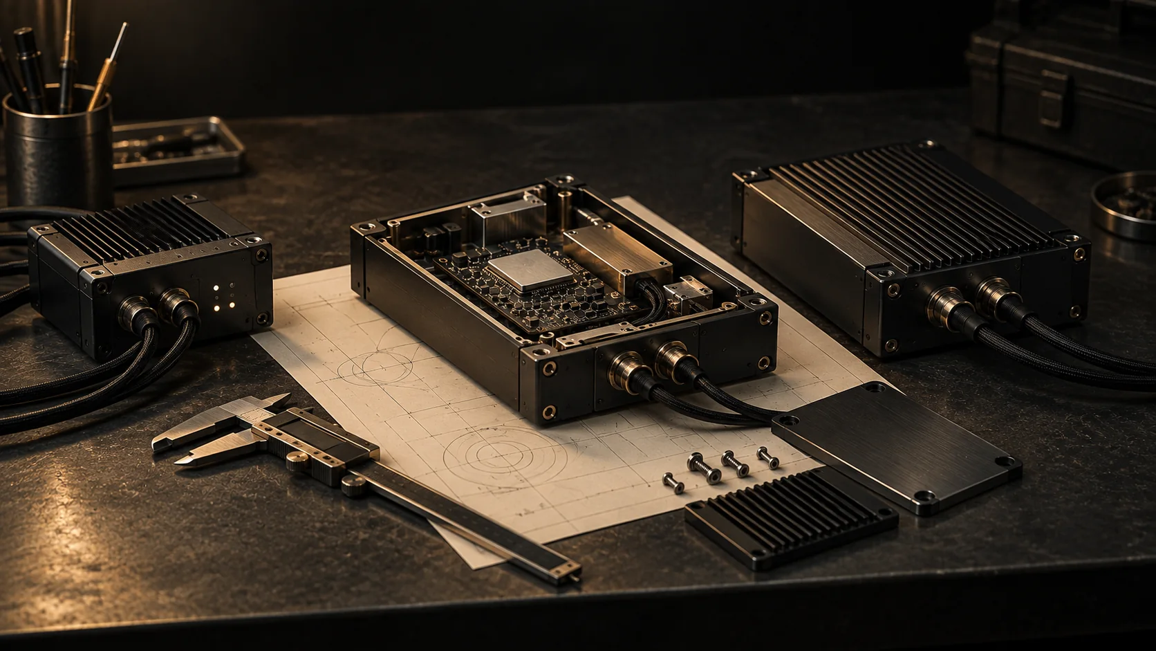 An open electronic assembly and a completed instrument on an engineering workbench.