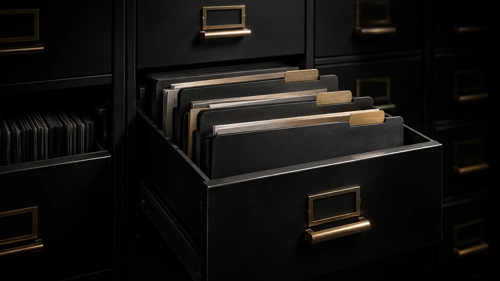 An open archival drawer holding carefully ordered document folders.